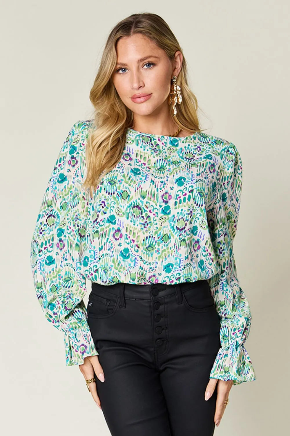 Sarah Express Women's Printed Flounce Sleeve Blouse - Basic Style Top Turquoise