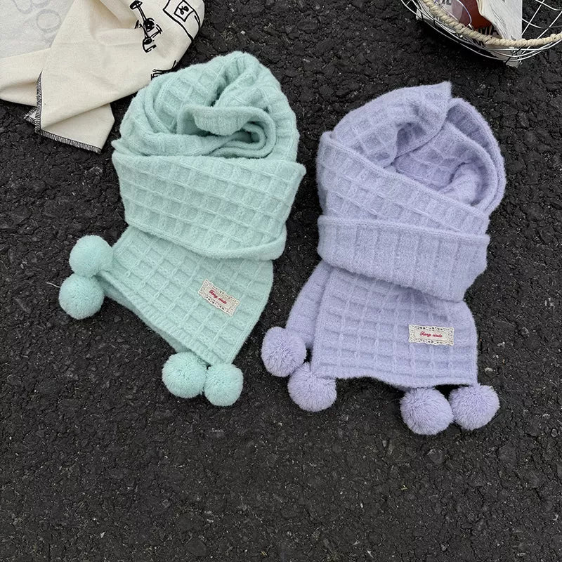 Sarah Express Women's Waffle Knit Pom-Pom Scarf - Cozy Winter Accessory