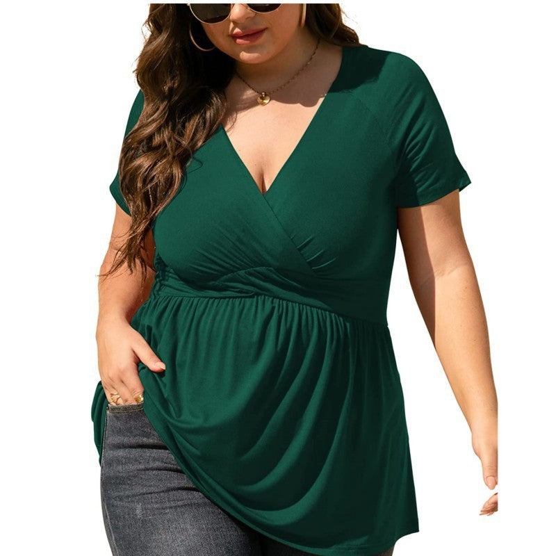Sarah Express Women's V-Neck Short Sleeve T-Shirt with Pleated Detail Pullover Top