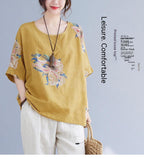 Sarah Express Women's Cotton Linen Printed Top Oversized Short Sleeve Summer Casual Relaxed Fit
