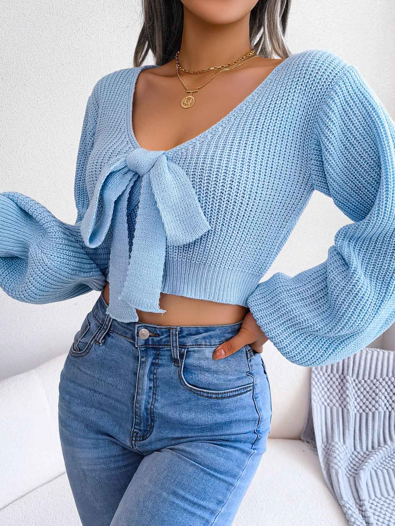 Sarah Express Women's Bow V-Neck Cropped Sweater - Lantern Sleeve Knit Top