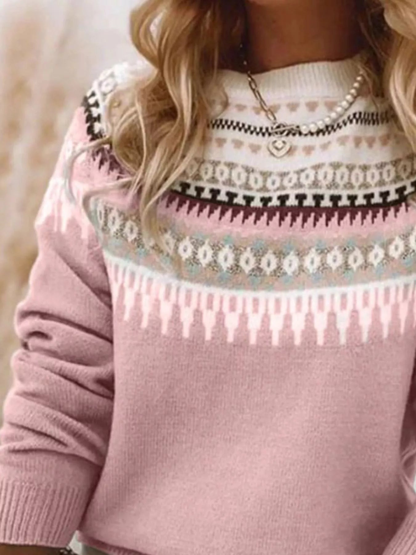 Sarah Express Women's Vintage Patterned Round Neck Sweater Plus Size