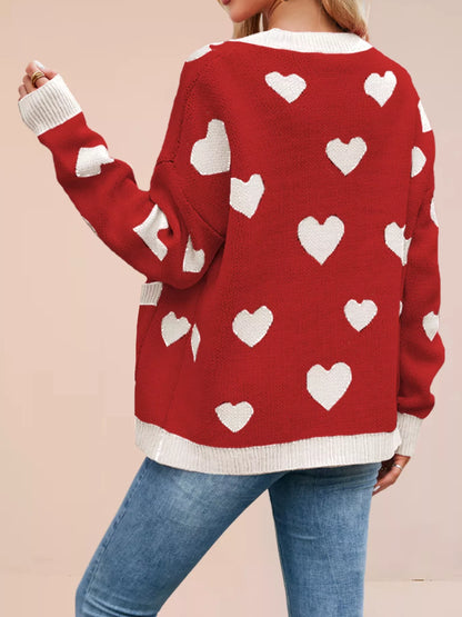 Sarah Express Women's Heart Pattern Button-Up Knit Cardigan