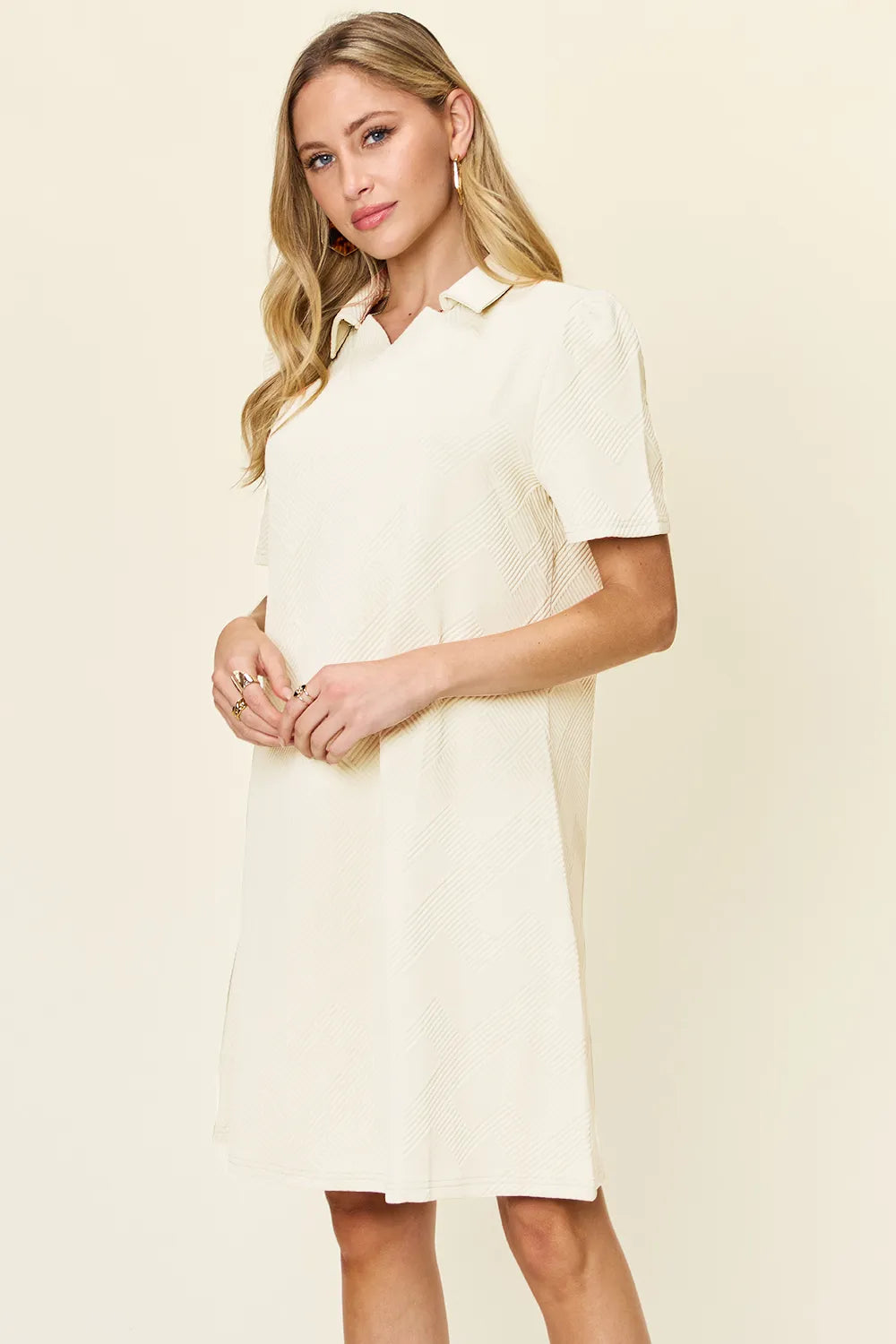 Sarah Express Women's Textured Collared Neck Short Sleeve Dress