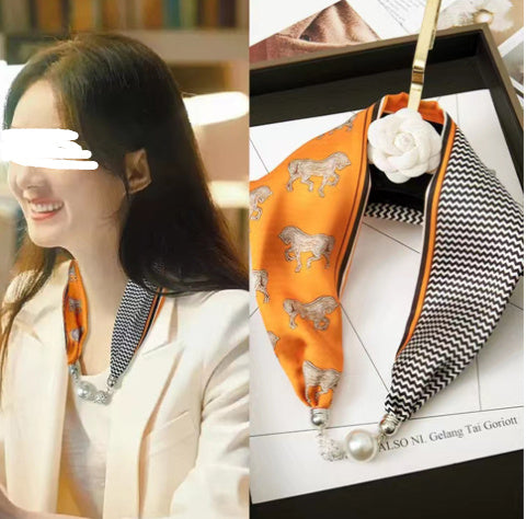 Sarah Express Magnetic Buckle Silk Scarf with Pearl Detail Women's Rectangular Necklace Scarf