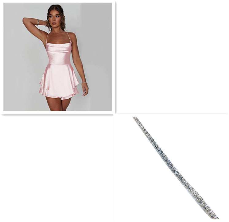 Backless Lace-Up Suspender Strap Satin A-Line Short Dress Women's Party