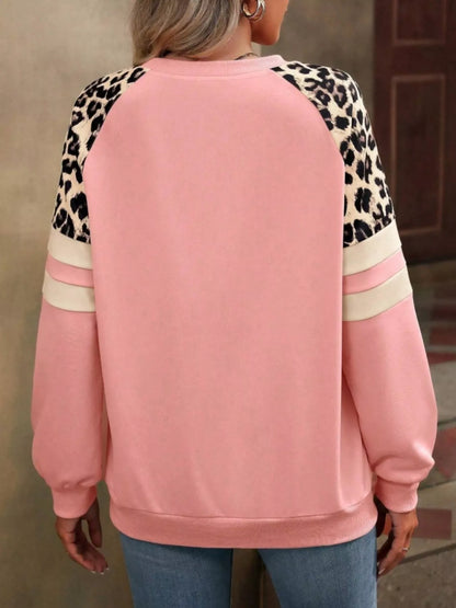 Sarah Express Women's Leopard Print Round Neck Raglan Sleeve Sweatshirt