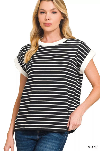 Sarah Express Women's Contrast Trim Cap Sleeve Stripe Tee Plus Size BLACK