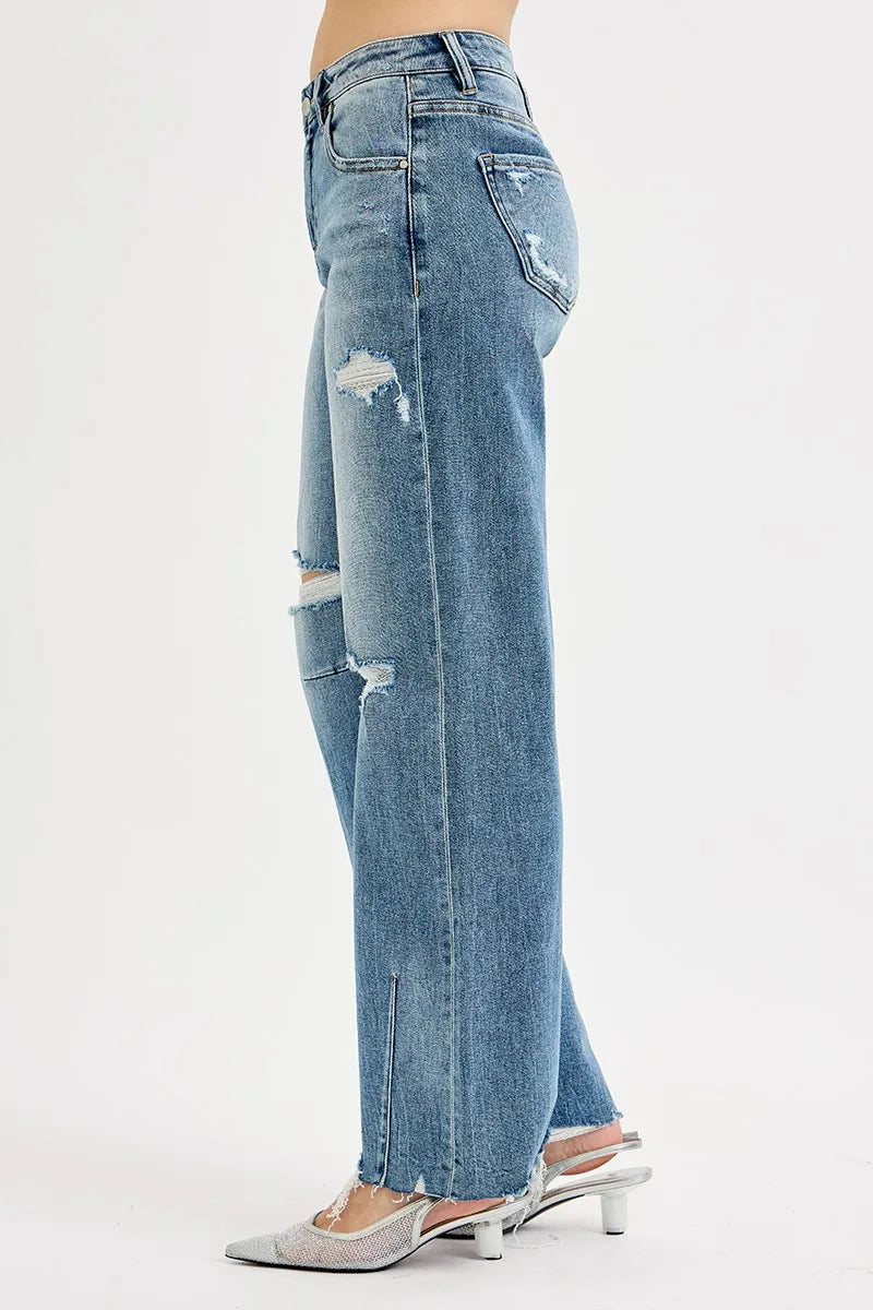 Sarah Express Women’s Plus Size Mid Rise Wide Leg Tie-Washed Jeans
