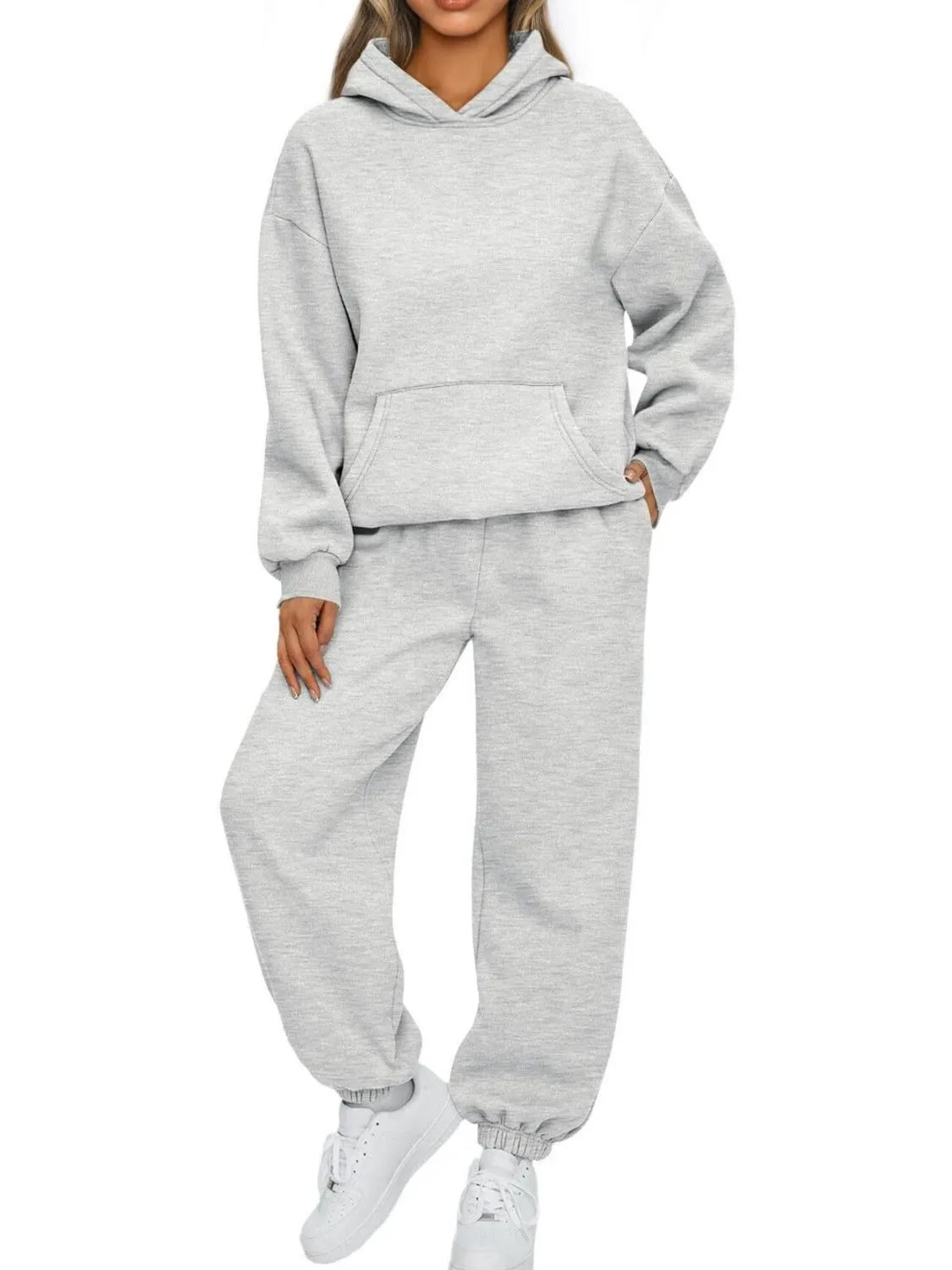 Sarah Express Women's Kangaroo Pocket Hoodie and Joggers Set Light Gray