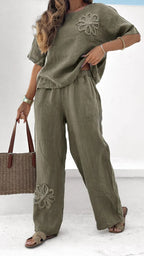 Sarah Express Women's Embroidered 2-Piece Set Quarter Sleeve Top High Waist Pants