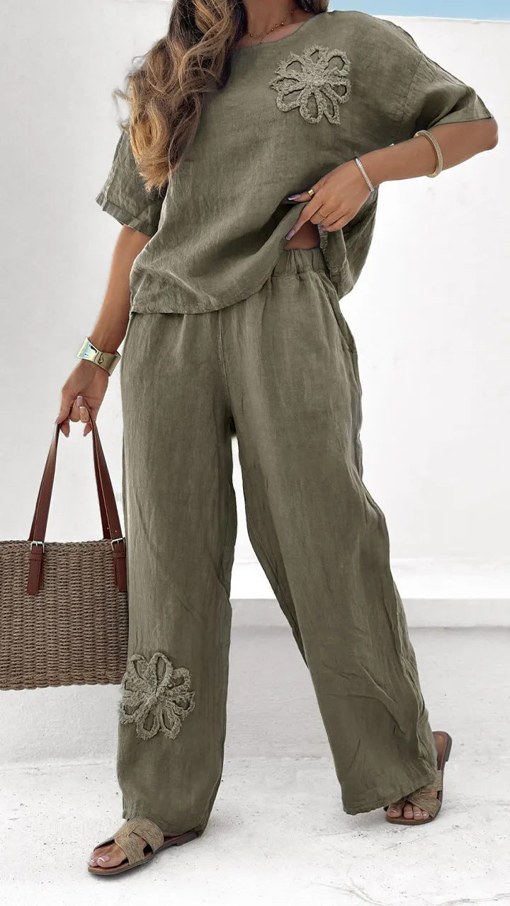Sarah Express Women's Embroidered 2-Piece Set Quarter Sleeve Top High Waist Pants