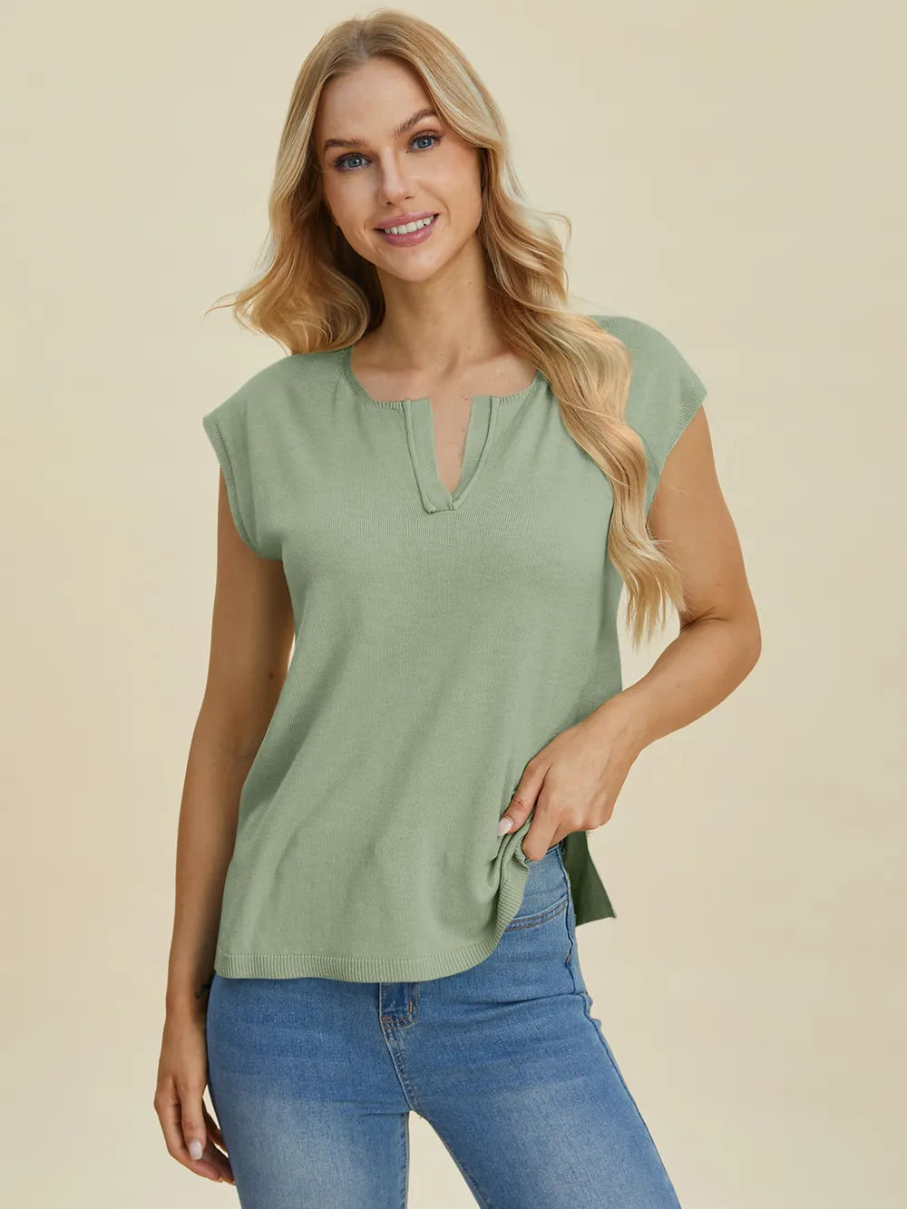 Sarah Express Women's Double Take Notched Cap Sleeve Knit Top