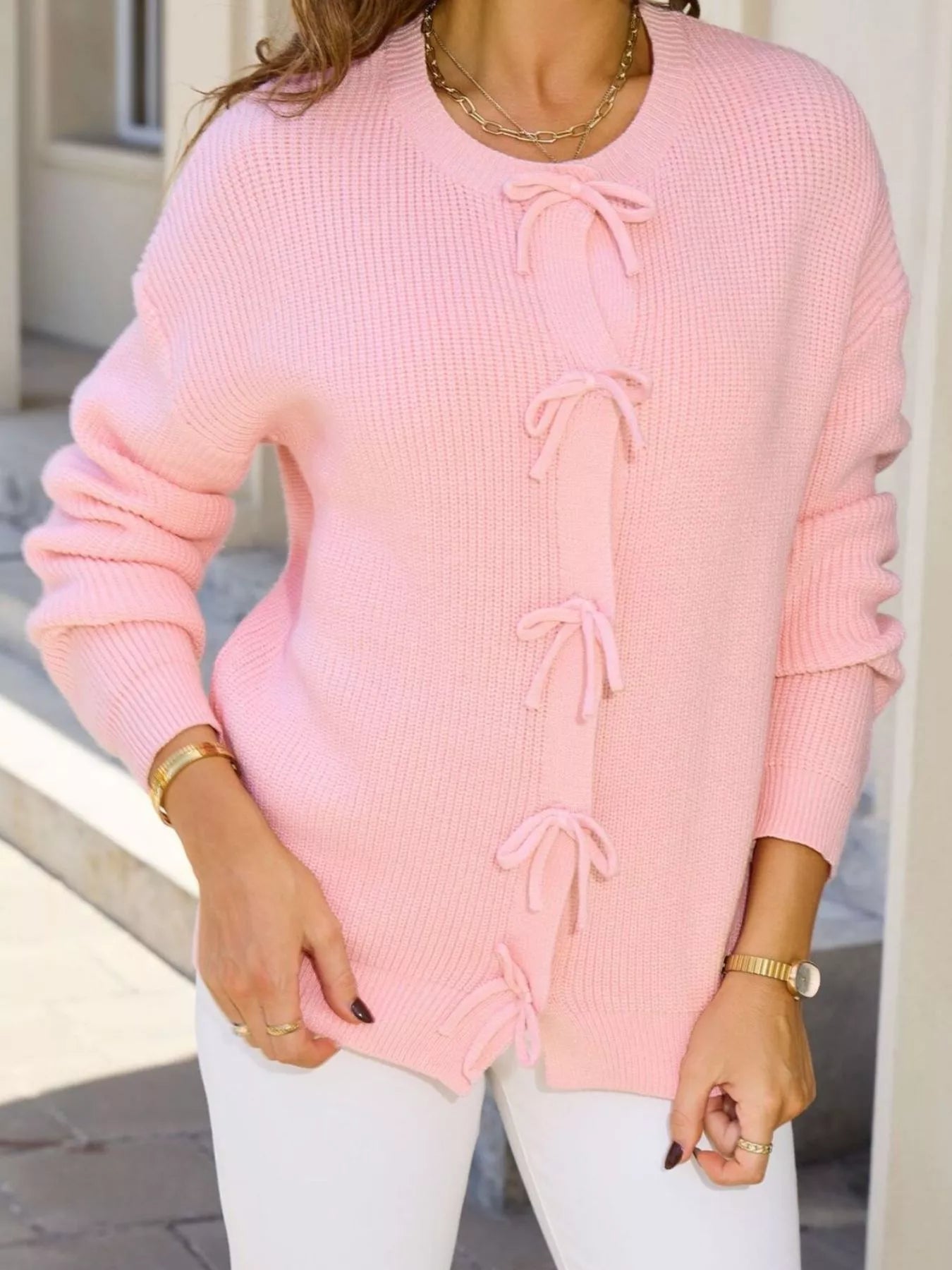 Sarah Express Women's Ribbed Knit Bow-Tie Cardigan - Premium Button-Up Sweater