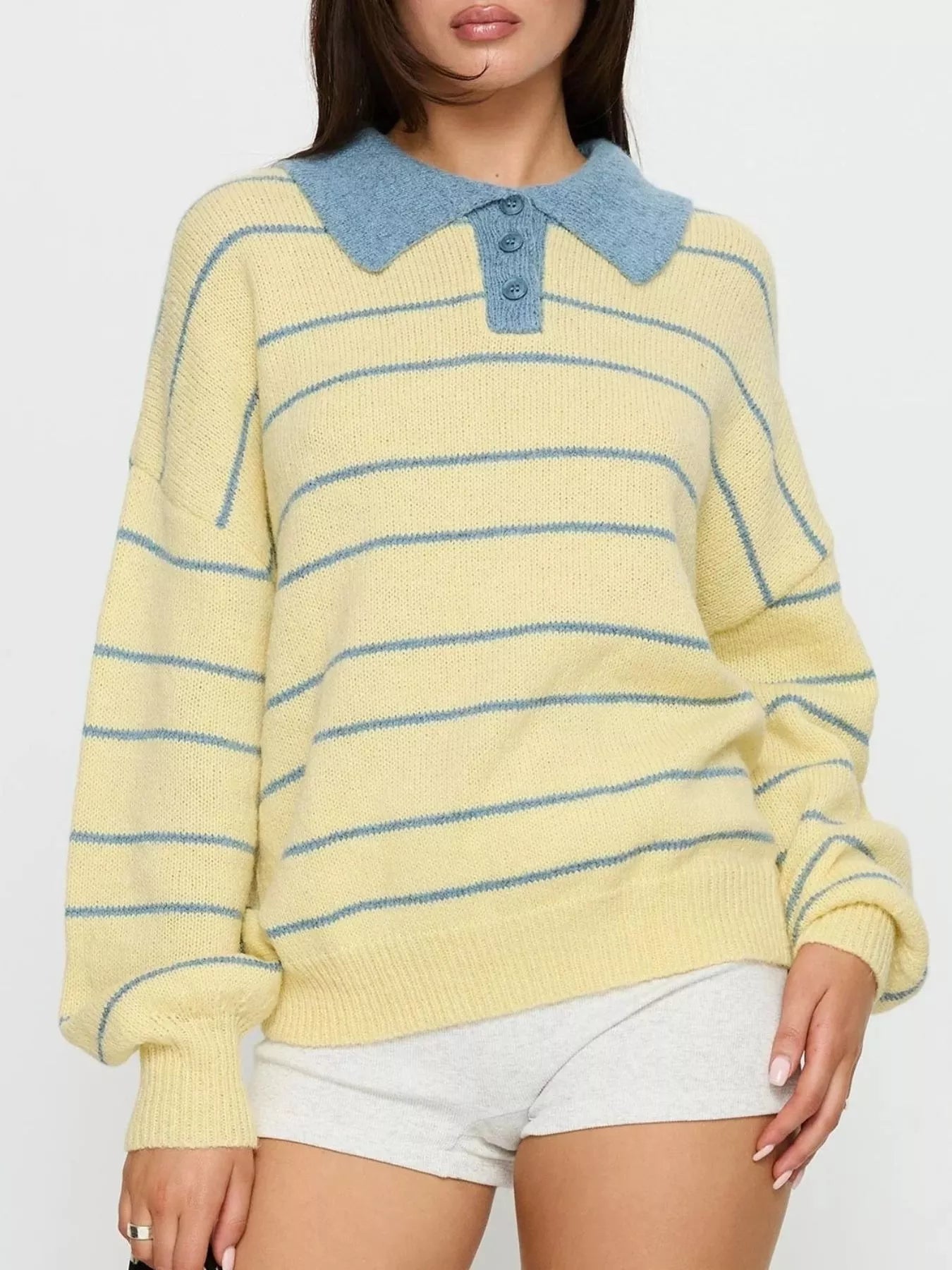 Sarah Express Women's Striped Polo Collar Long Sleeve Sweater Yellow