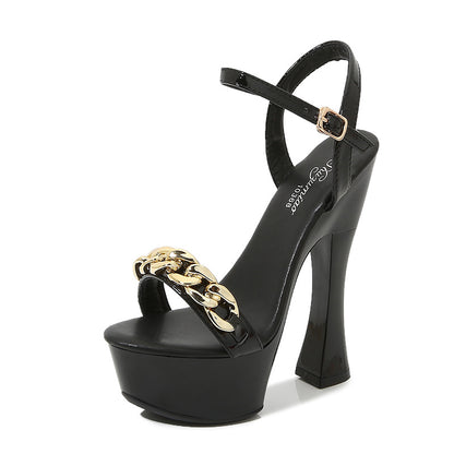 Sarah Express 14cm Chunky-Heel Waterproof Platform Ankle-Strap High Heels – Women's Sexy Summer Heels Black