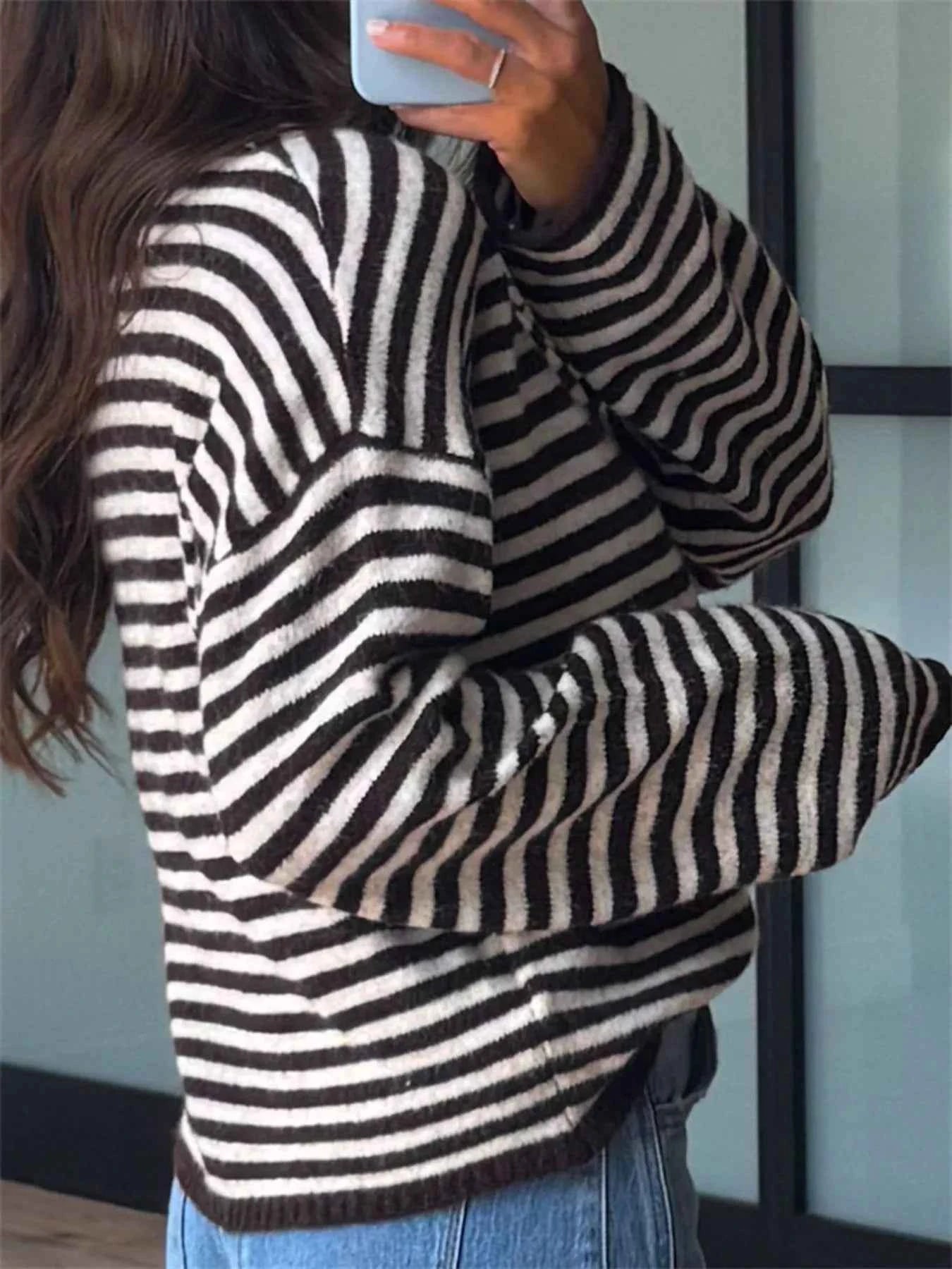 Sarah Express Women's Striped Button Detail Sweater - Dropped Shoulder Knit Top