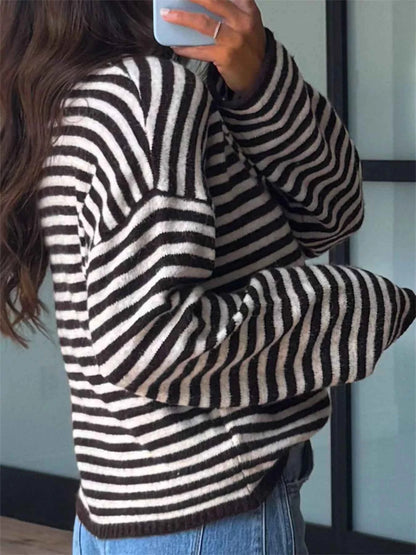 Sarah Express Women's Striped Button Detail Sweater - Dropped Shoulder Knit Top