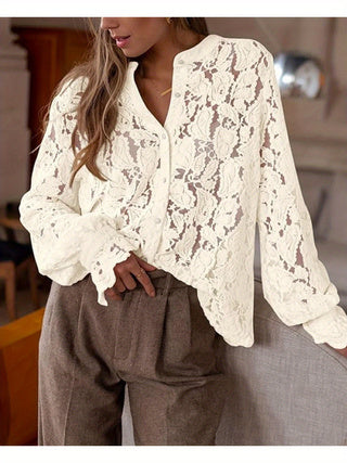 Sarah Express Women's Lace Button Front Shirt Long Sleeve Elegant Blouse