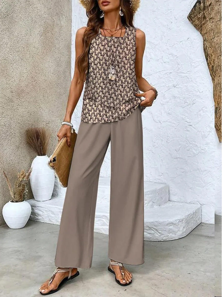 Sarah Express Women's Print Two-Piece Set Sleeveless Double Layer Vest Top Loose Straight Pants Floral Suit