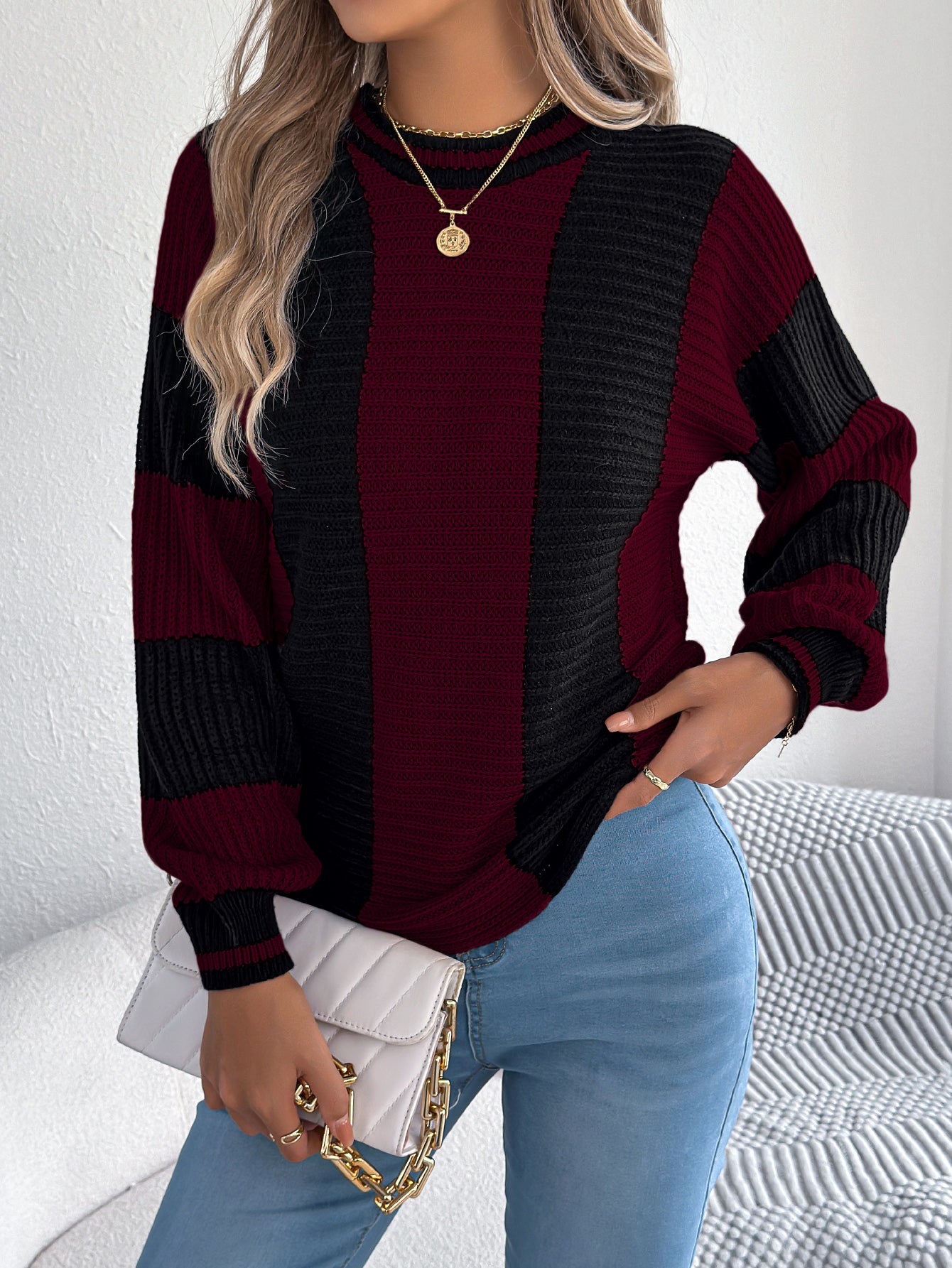 Sarah Express Women's Color Block Stripe Lantern Sleeve Pullover Sweater Burgundy