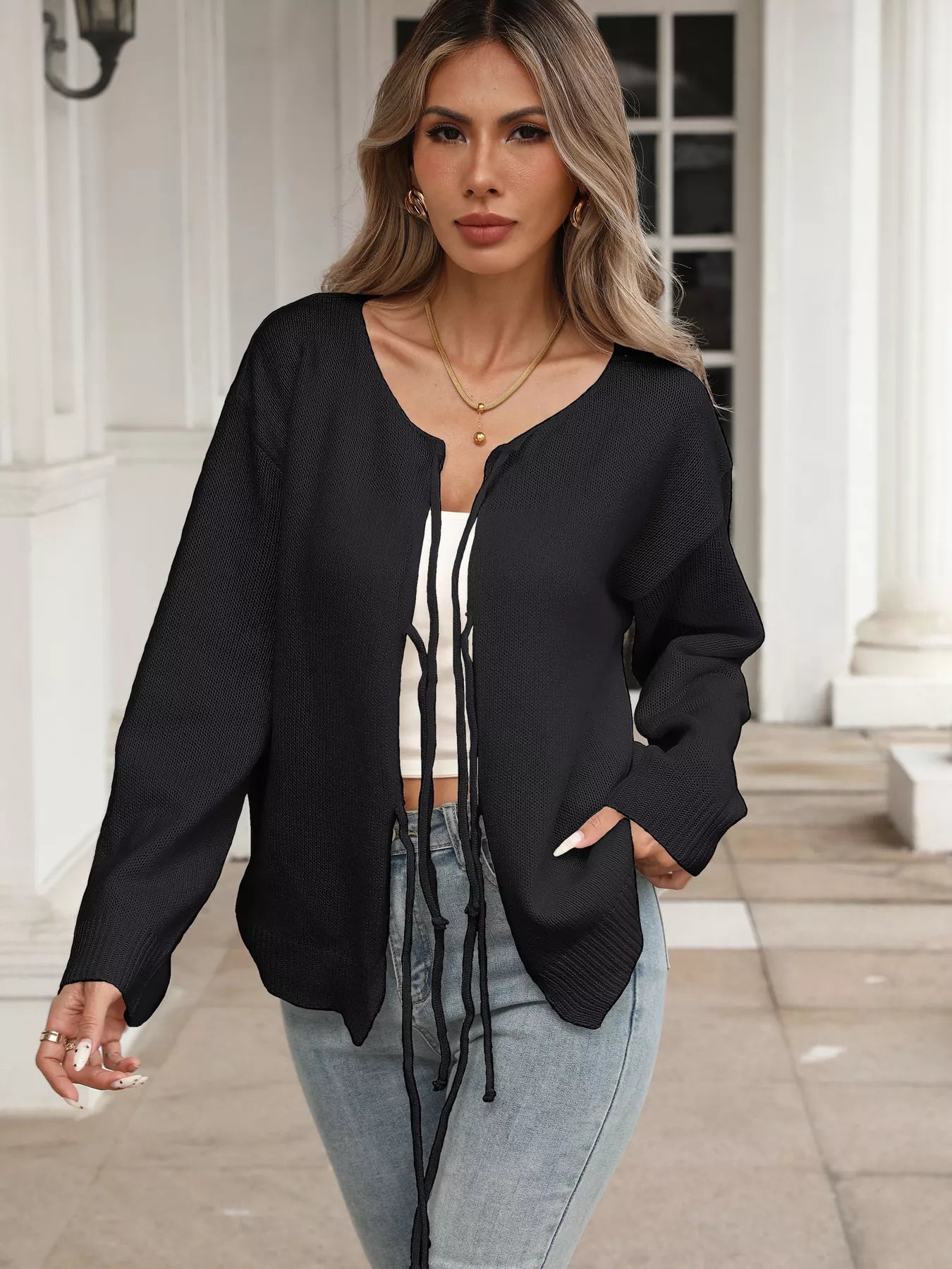 Sarah Express Women's Tie-Front Long Sleeve Cardigan - Ribbed Knit Sweater with Pockets