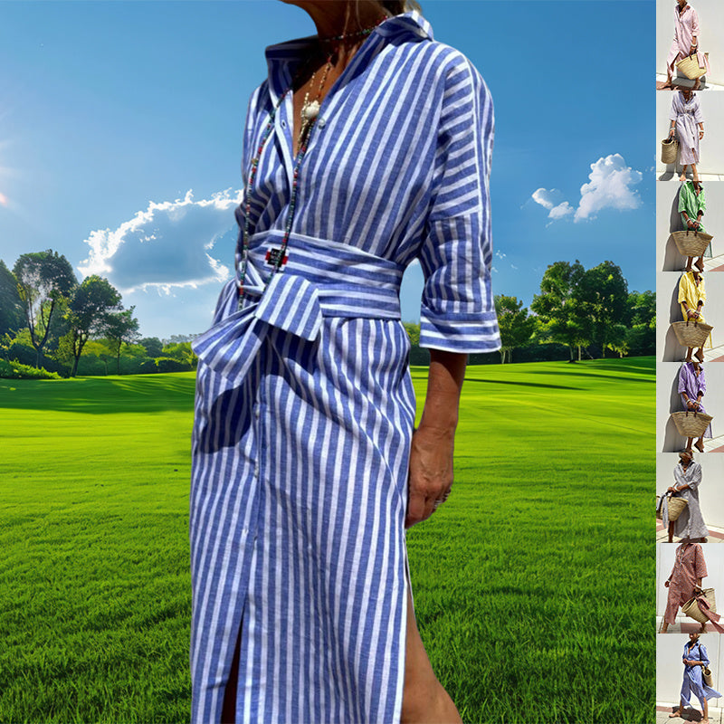 Sarah Express Women's Striped Shirt Dress Button Front Maxi with Belt