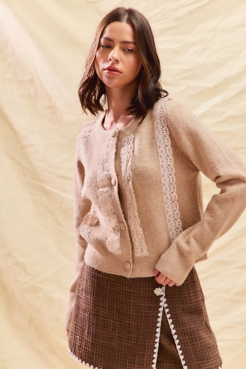 Sarah Express Women's Lace Trim Button Front Cardigan Sweater