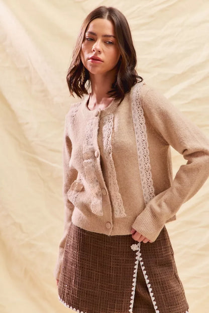 Sarah Express Women's Lace Trim Button Front Cardigan Sweater