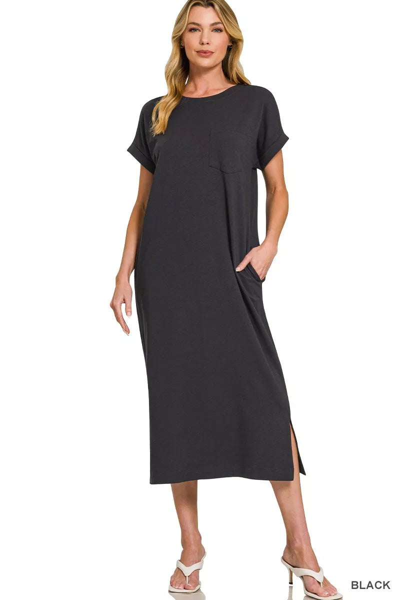 Sarah Express Women's Round Neck Short Sleeve Midi Dress BLACK