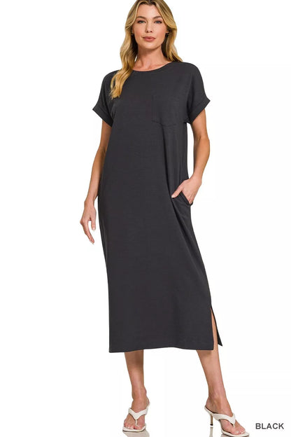 Sarah Express Women's Round Neck Short Sleeve Midi Dress BLACK
