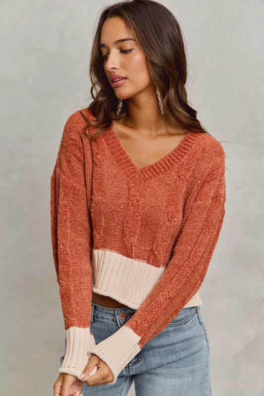 Sarah Express Women's Chenille Cable Knit V Neck Contrast Cropped Sweater RUST