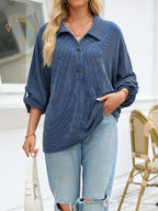 Sarah Express Women's Oversized Twist Ribbed Collared Henley Top with Roll Up Sleeve