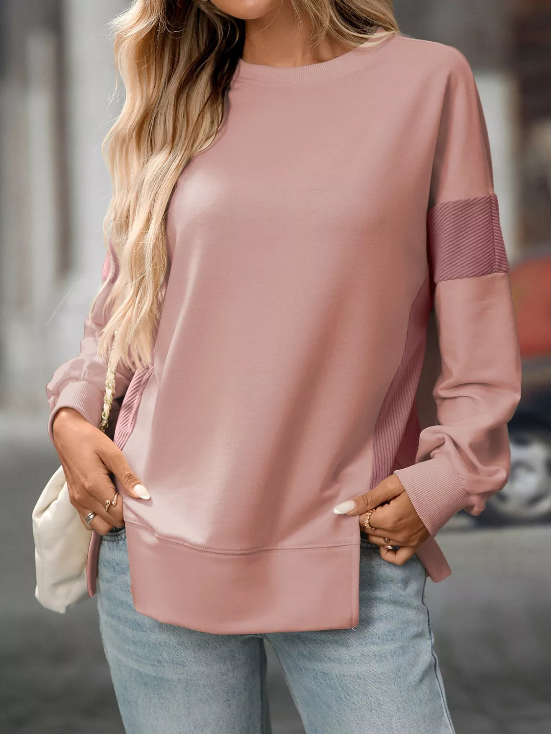 Sarah Express Women's Side Slit Round Neck Sweatshirt Dusty Pink
