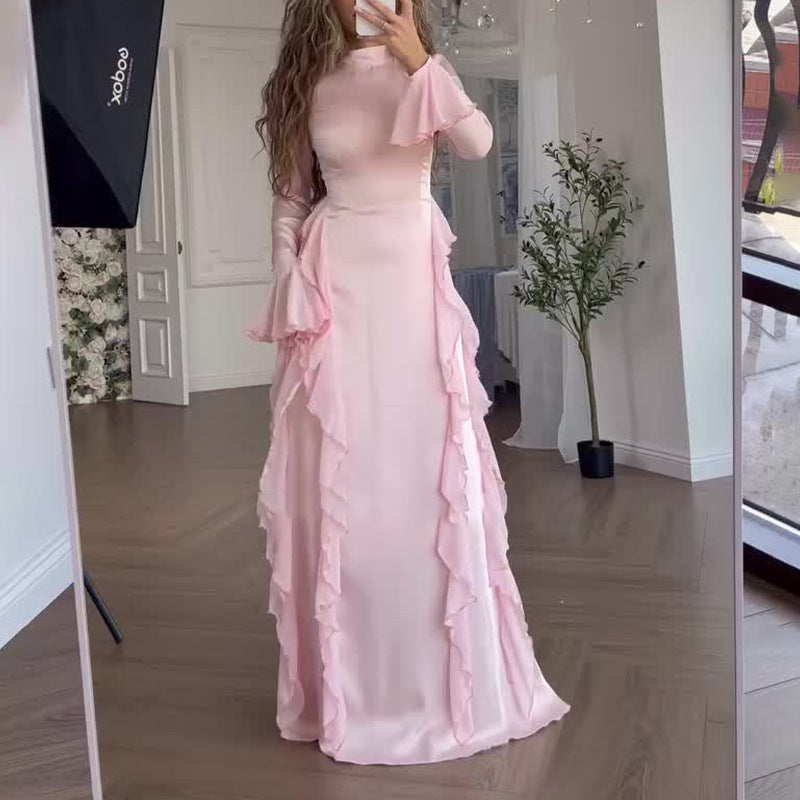 Sarah Express Women's High Waist Flared Sleeve Maxi Dress Round Neck Elegant Patchwork
