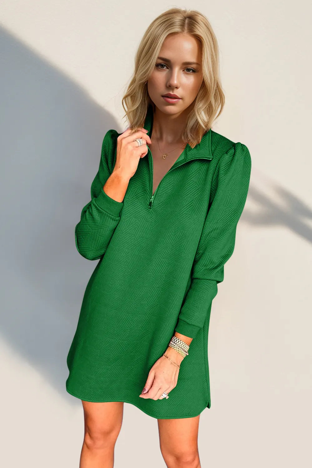 Sarah Express Women's Textured Quarter Zip Long Sleeve Dress Green