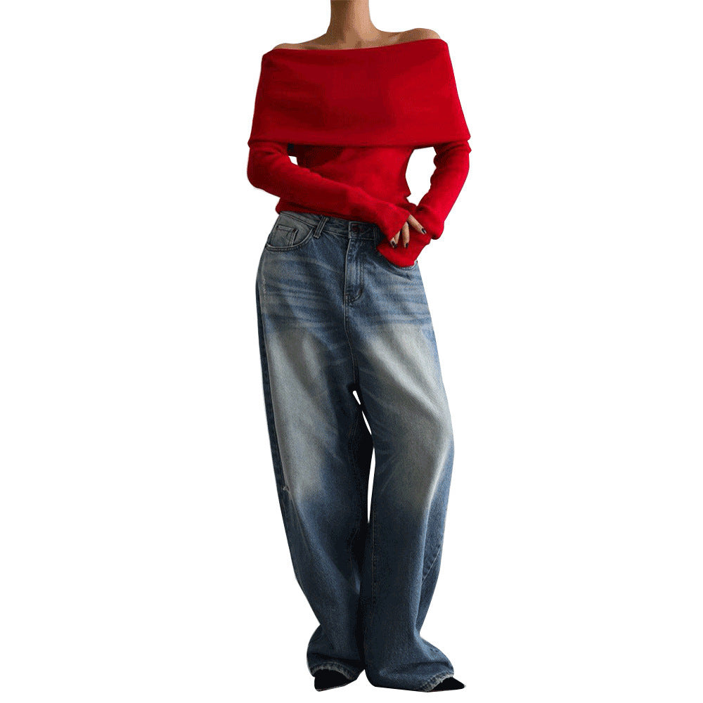 Sarah Express Women's Off-Shoulder Knitted Long Sleeve Top Slim Fit Pullover Sweater