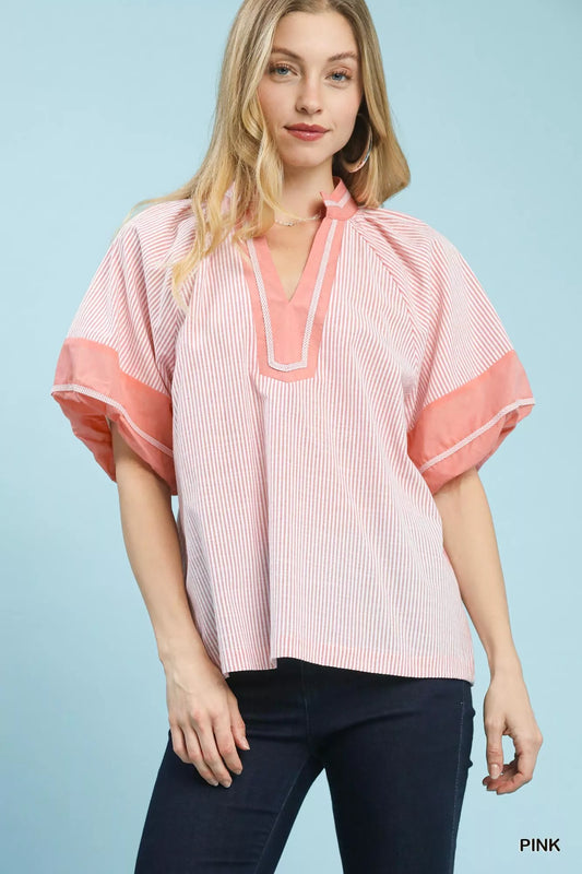 Sarah Express Women's Striped V-Neck Puff Sleeve Blouse - Cotton Blend Flutter Sleeve Top Pink