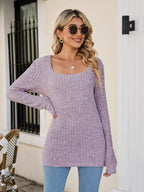Sarah Express Women's Ribbed Square Neck Long Sleeve T-Shirt Lilac