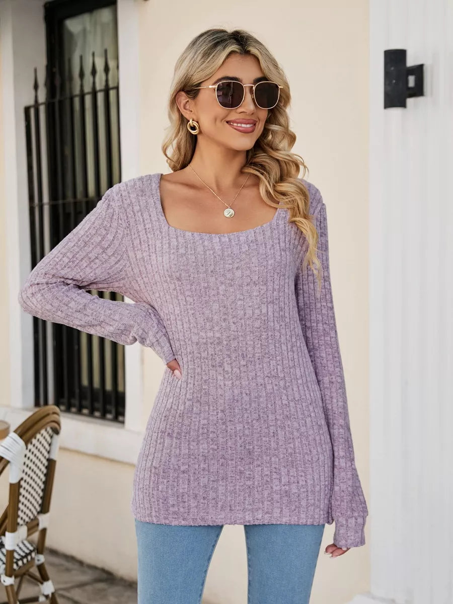 Sarah Express Women's Ribbed Square Neck Long Sleeve T-Shirt Lilac