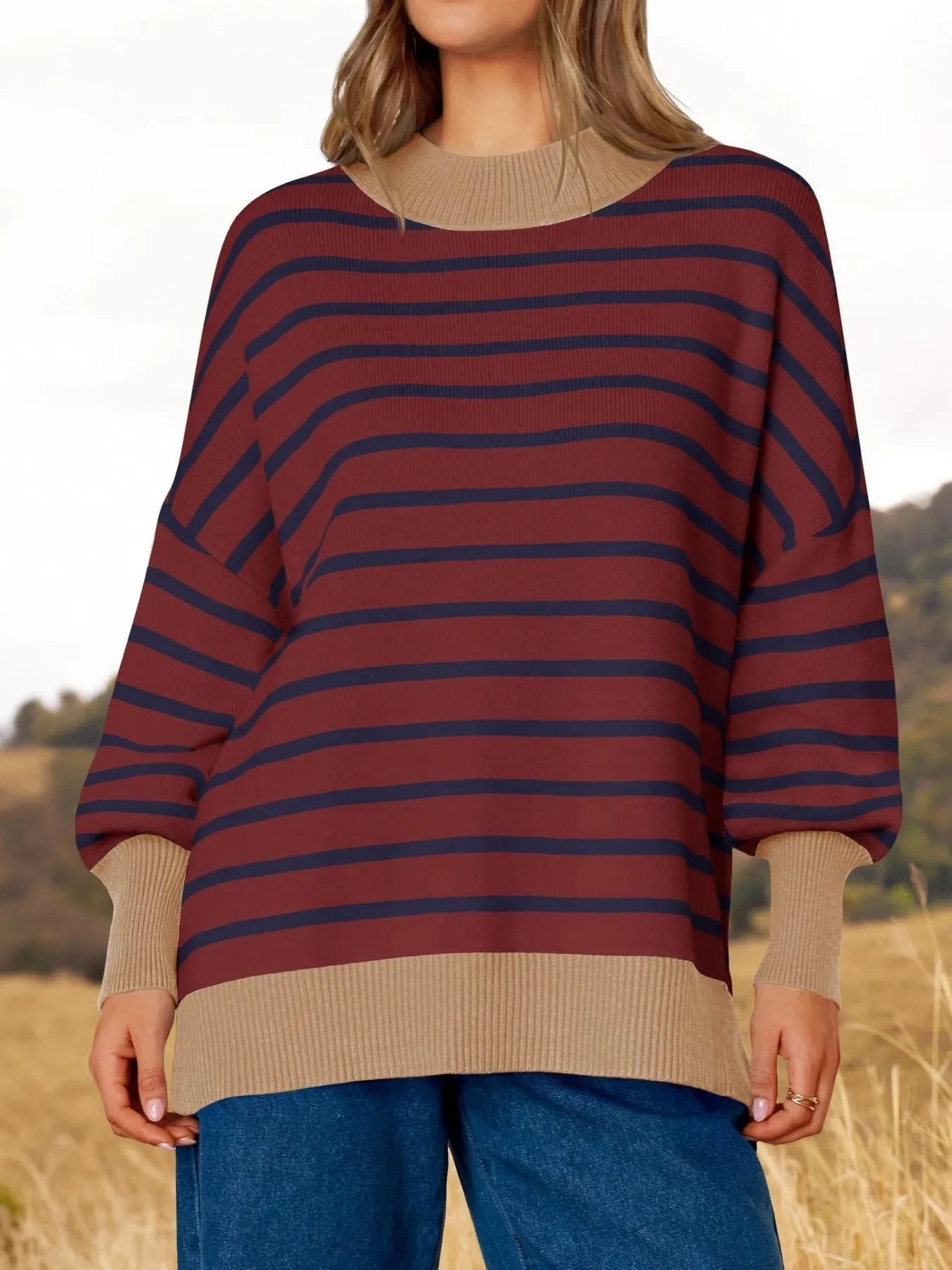 Sarah Express Women's Striped Round Neck Long Sleeve Sweater - Oversized Fit Wine Red