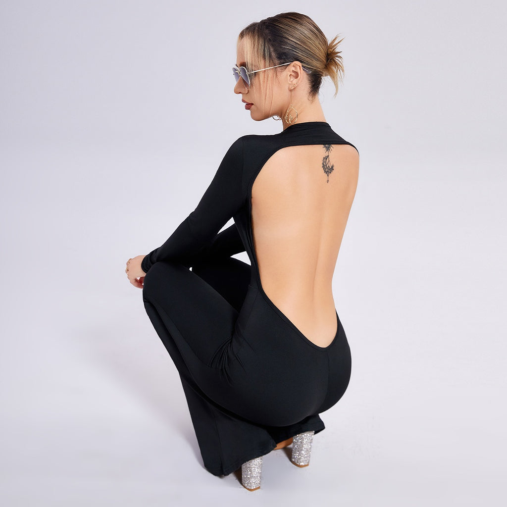 Sarah Express Women's Long Sleeve Open-Back Slim-Fit Straight-Leg Jumpsuit Evening Wear