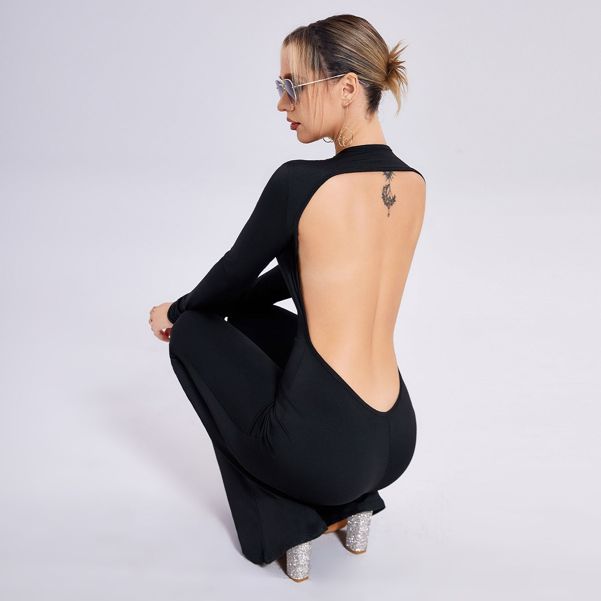 Sarah Express Women's Long Sleeve Open-Back Slim-Fit Straight-Leg Jumpsuit Evening Wear
