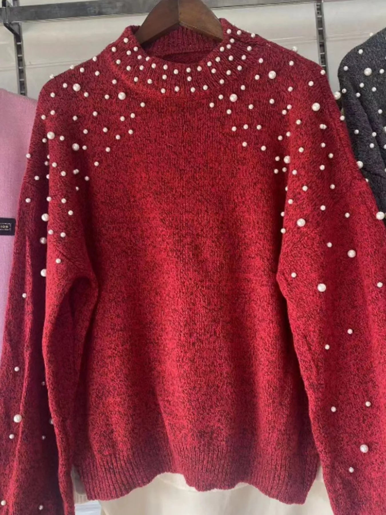 Sarah Express Women's Pearl-Embellished Mock Neck Sweater