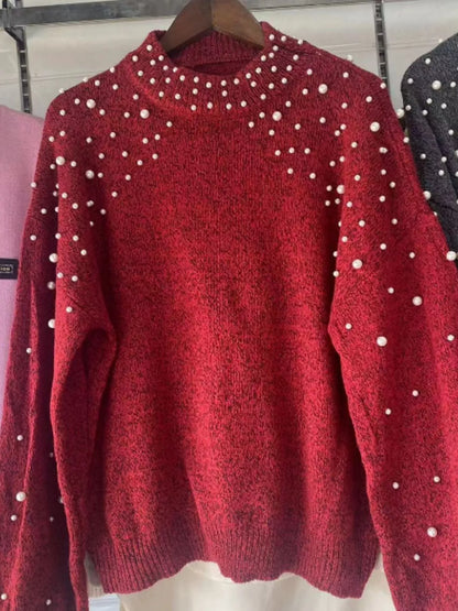 Sarah Express Women's Pearl-Embellished Mock Neck Sweater