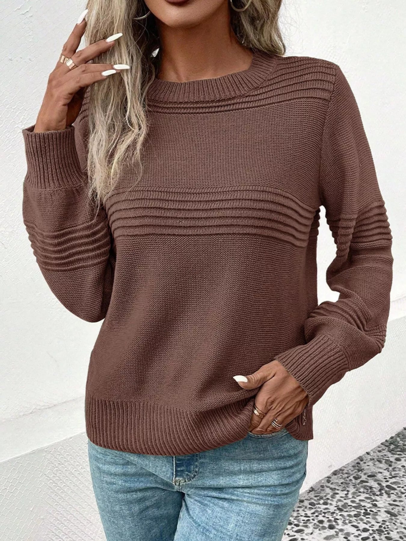 Sarah Express Women's Round Neck Long Sleeve Sweater Brown