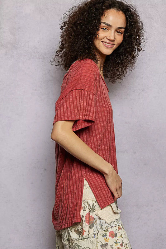 Sarah Express Women's Ribbed Knit V-Neck T-Shirt with Side Slit - Short Sleeve Relaxed Fit Top