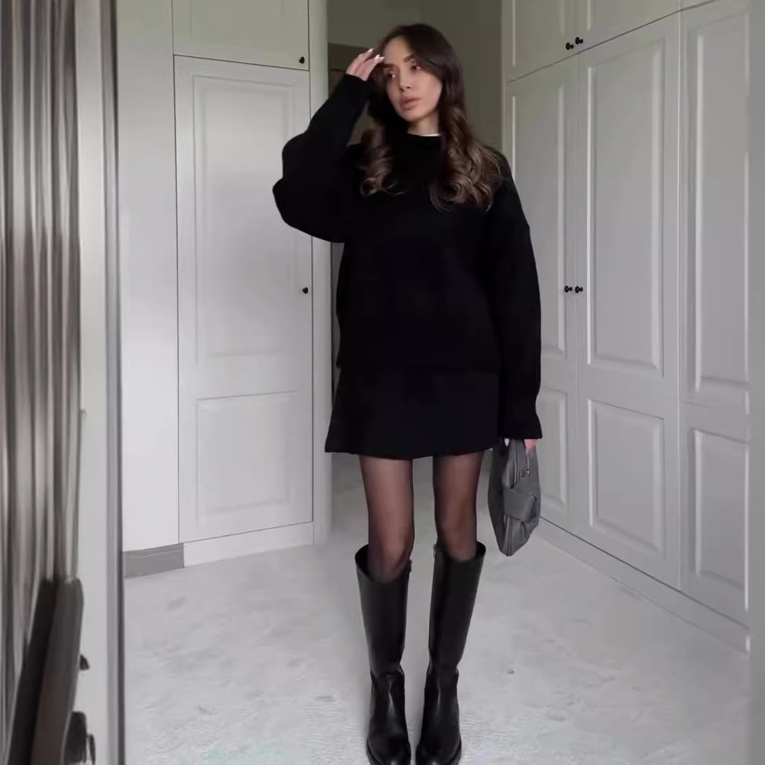 Sarah Express Women's Sweater Skirt Set - 2 Piece Knit Outfit Long Sleeve Pullover High Waist Mini Skirt