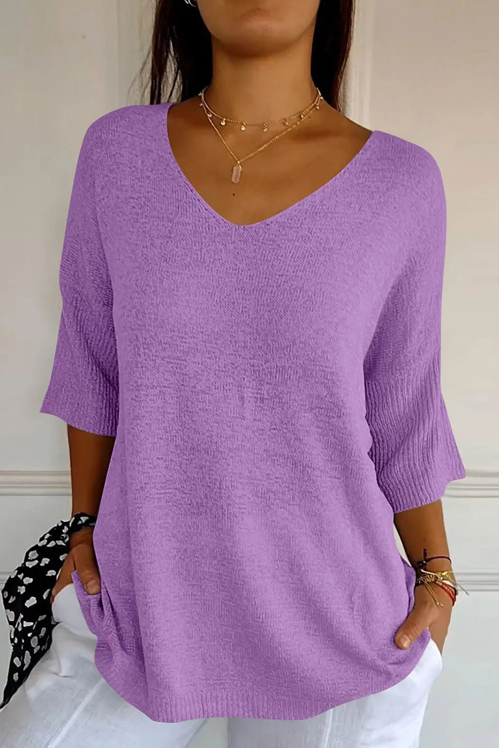 Sarah Express Women's V-Neck Three-Quarter Sleeve Knit Top Lavender One Size