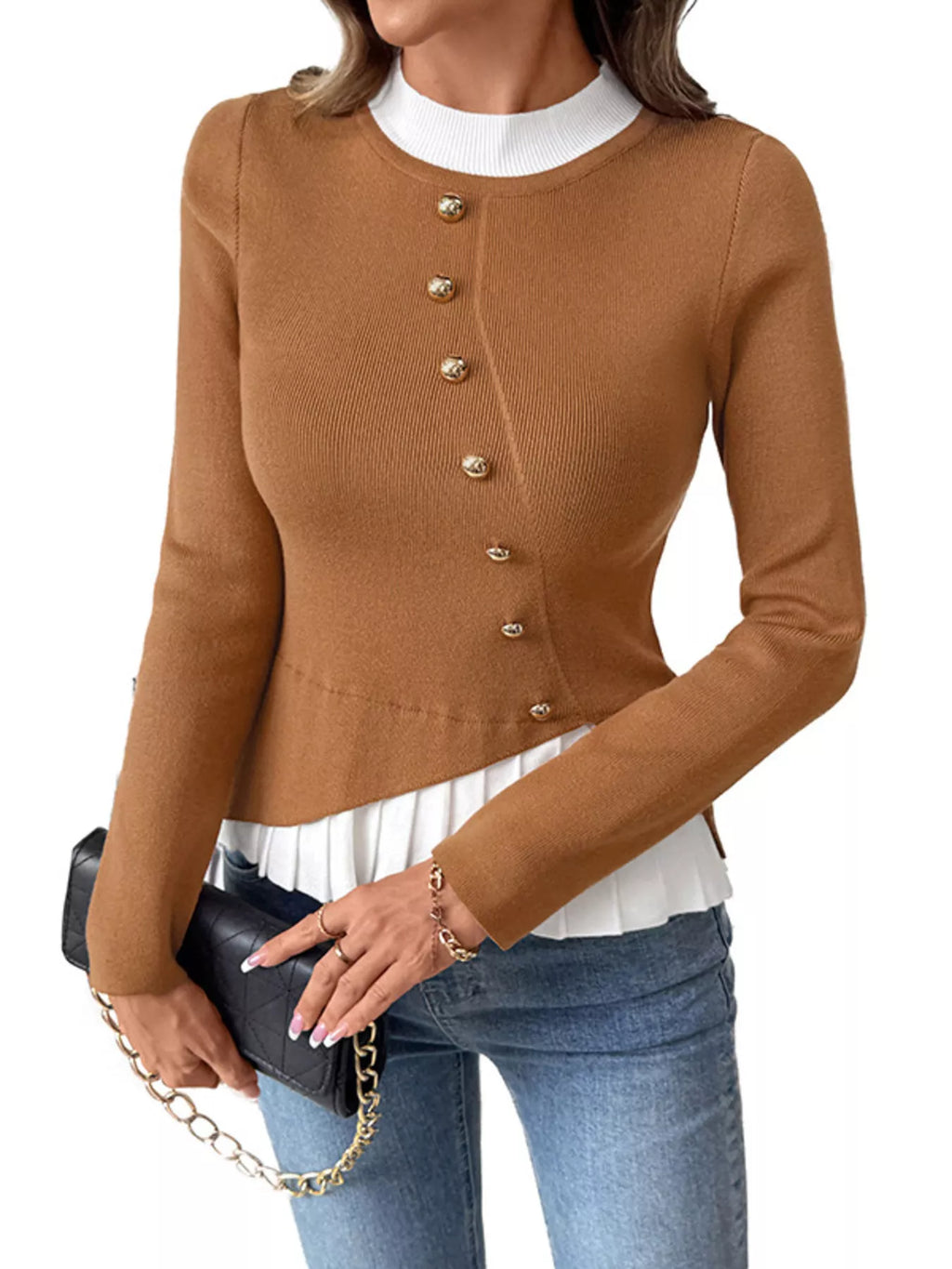 Sarah Express Women's Decor Button Contrast Hem Knit Top